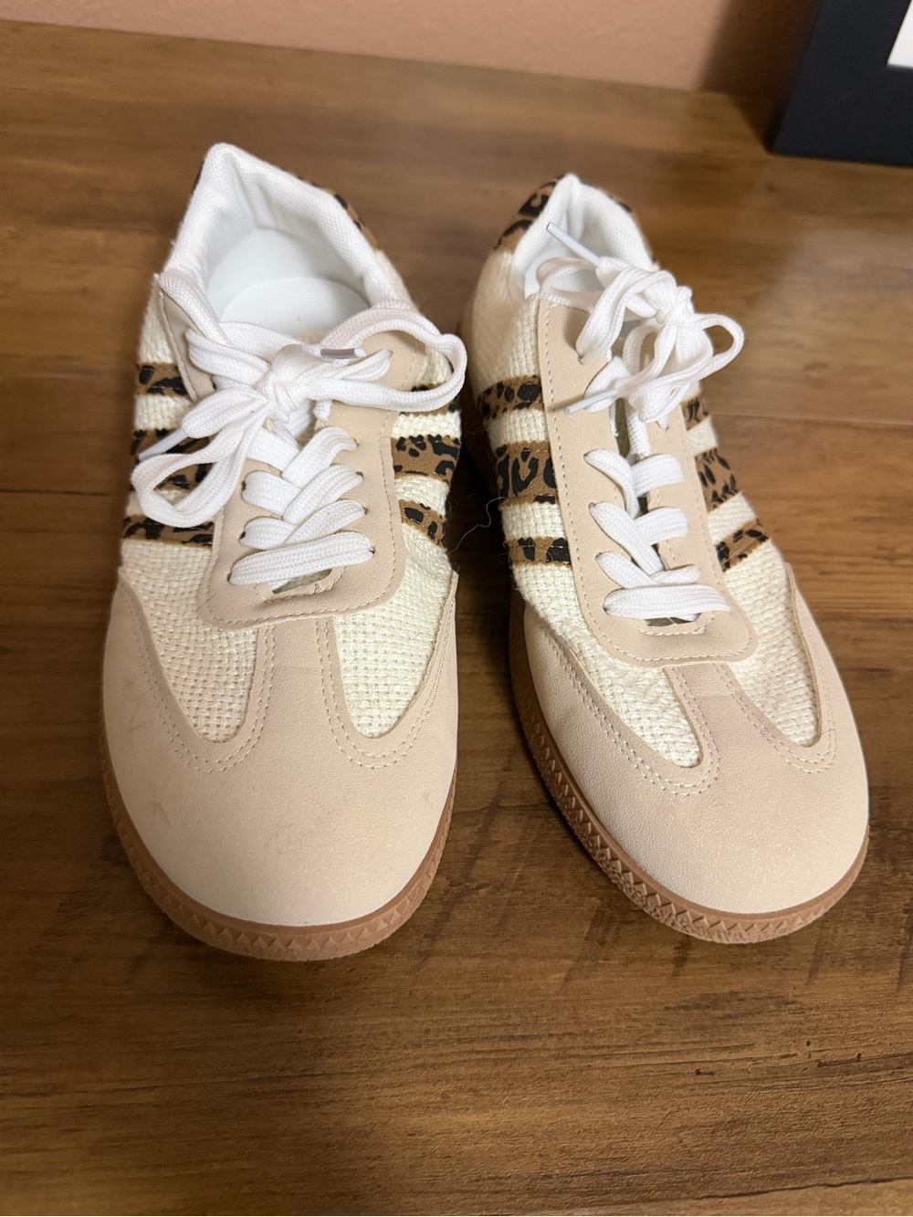 Women’s Beige and White Lace-Up Sneakers with Leopard Trim